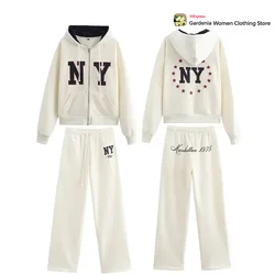 Women Adjustable Drawstring Hood Text Print Fall Outfit White Varsity New York Hoodie & Plush Trousers Aesthetic Baggy Pants Set