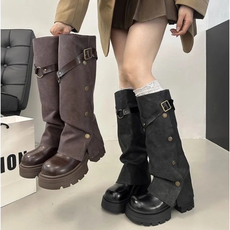 

New Women's Height Increase Women Knight Boots Fashion Belt Buckle Pleated Shoes Female Thick Heel Knee High Boots Zapatos Mujer