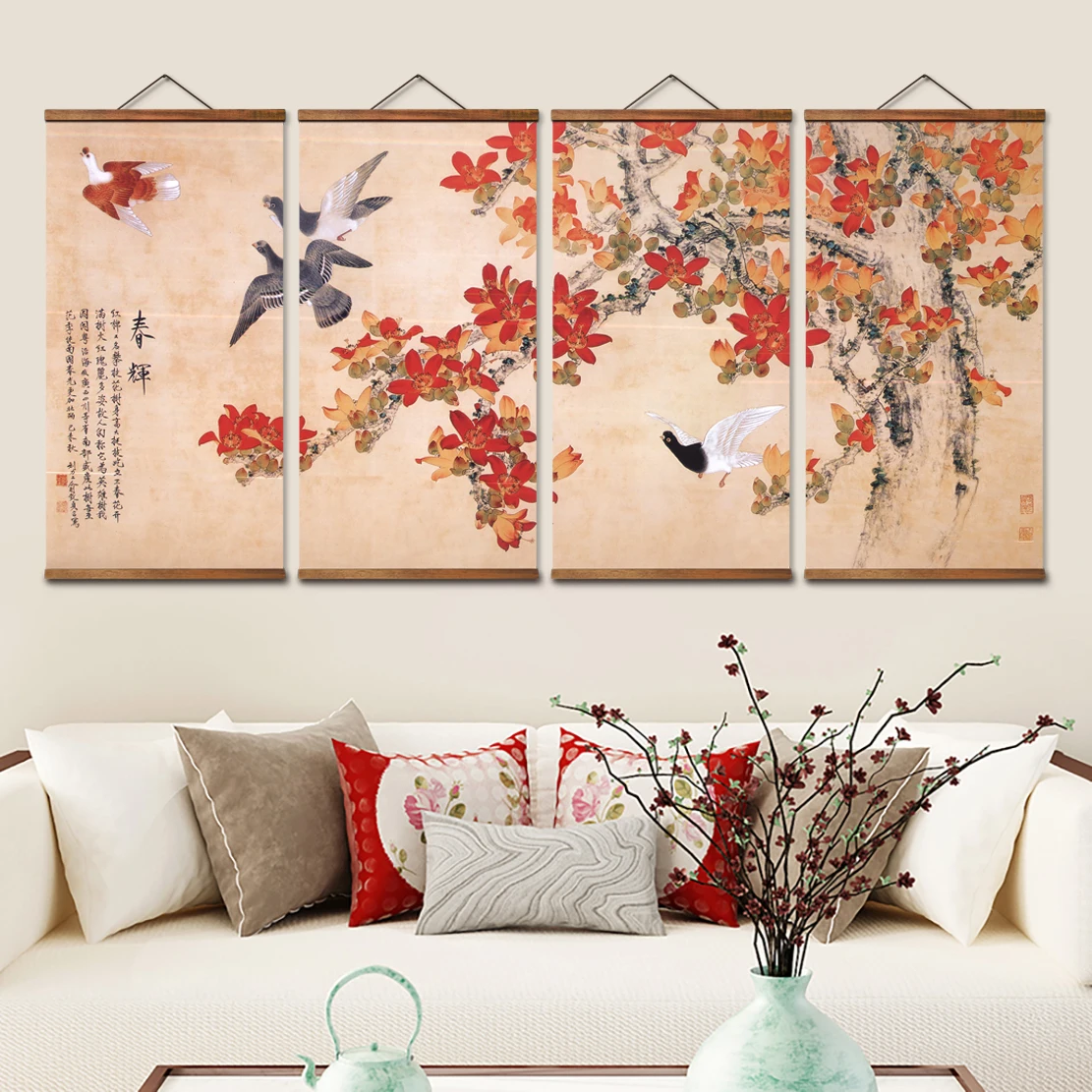 

MT0961 Chinese Stylesunrise red plum Canvas Decorative Wall Art Posters Solid Wood Scroll Paintings