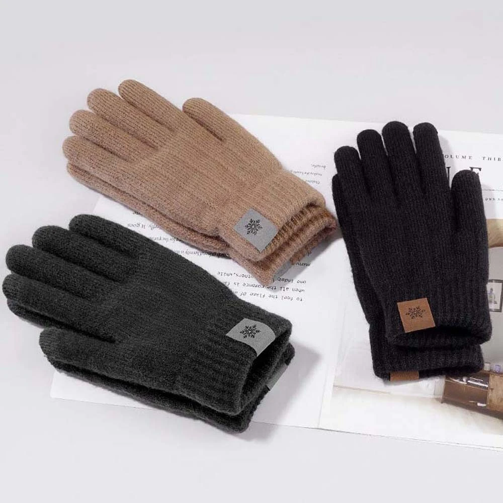 Full Finger Gloves Thicken Wool Mittens Solid Color Elastic Knitted Gloves Touch Screen Plush Men Mittens Business