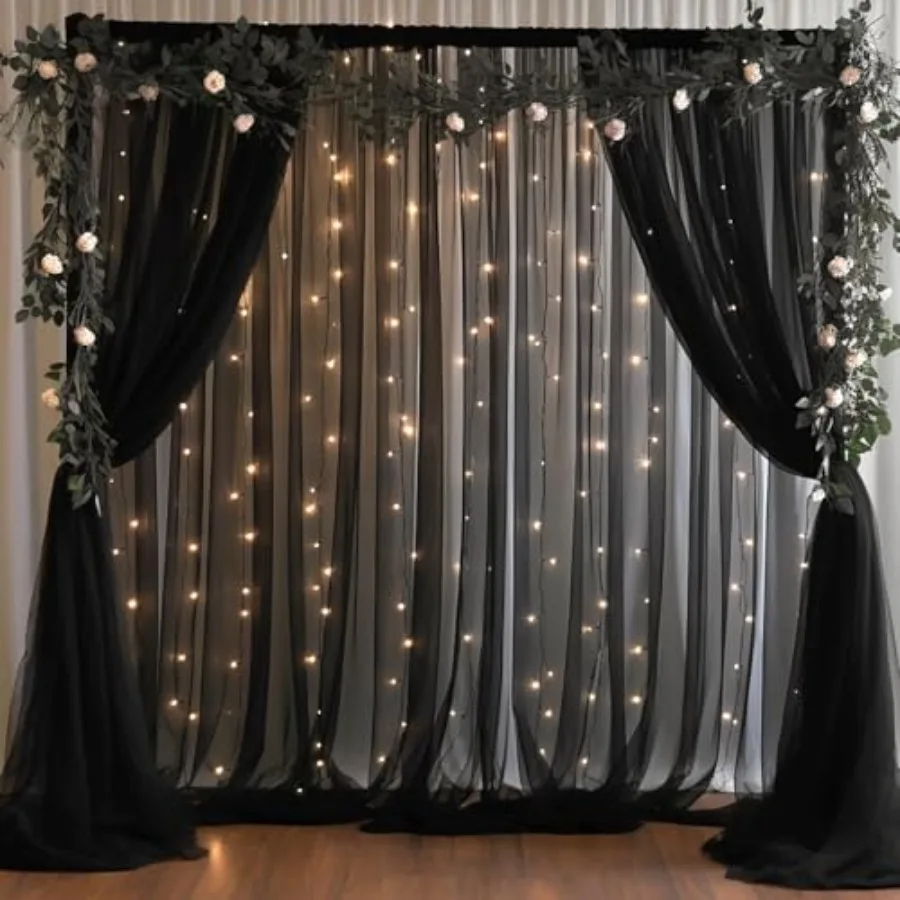 

20x8ft Black Tulle Backdrop Curtain with Lights String for Parties, Sheer Photo Backdrop Curtains with Lights for Wedding Backd