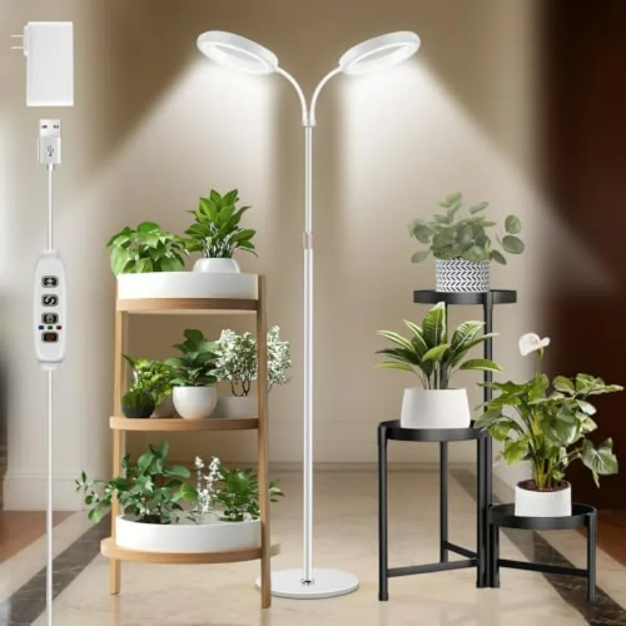 

Indoor Floor Grow Lights with Adjustable 67 Stand for Large Tall Plants Full Spectrum LED 3/9/12H Timer 3 Light Modes 2 Heads B
