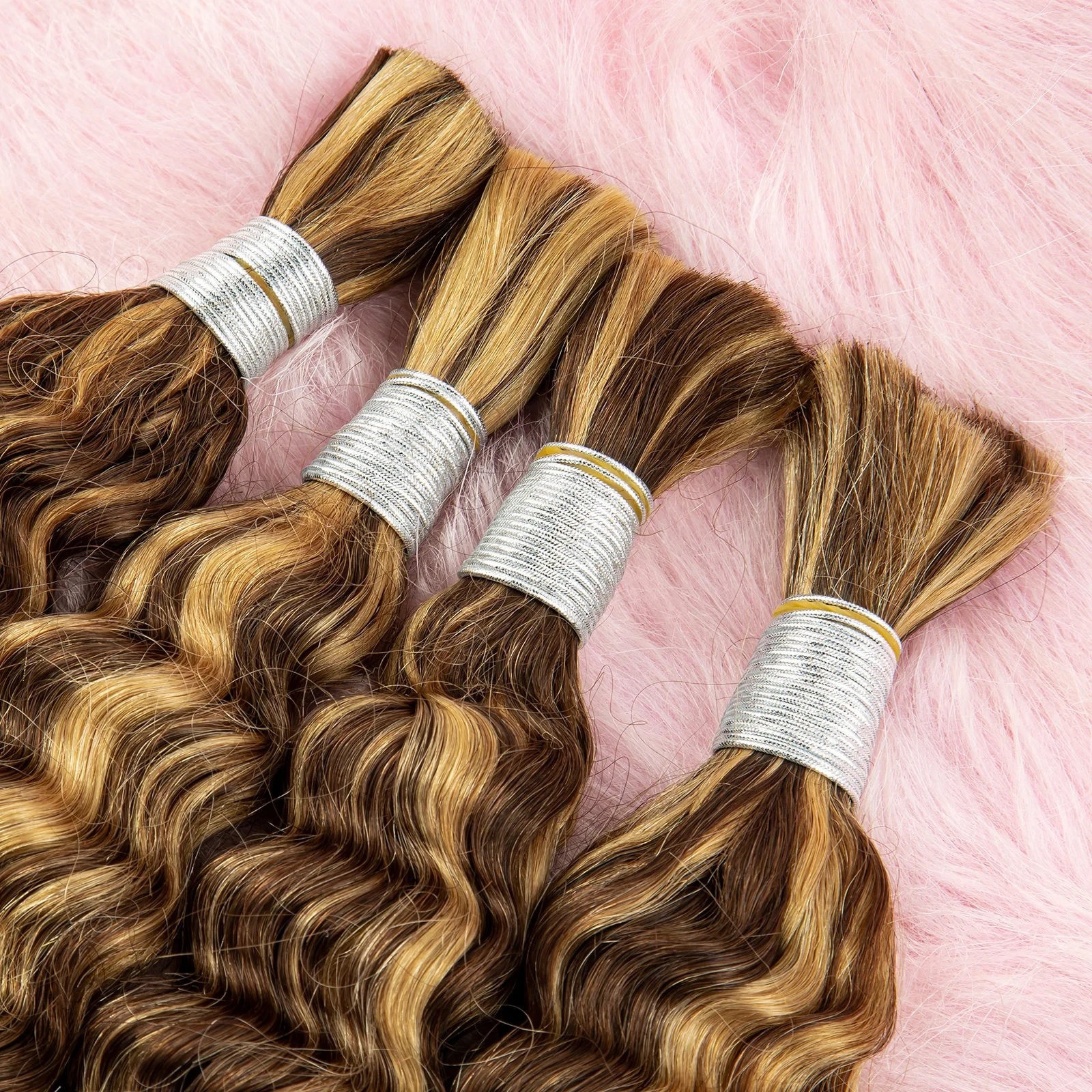 P4/27 Highlight Hair Bulk 16-28 Inches Deep Wave Human Hair Bulk for Boho Braiding Hair No Weft Brazilian Remy Hair Extensions