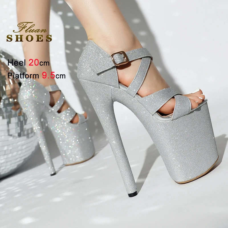 

Summer Silvery Sequin Glitter Women's Sandals Round Toe Thin Heels 20cm Platform Cross Buckle Straps Ladies Pumps Dress Shoes CD