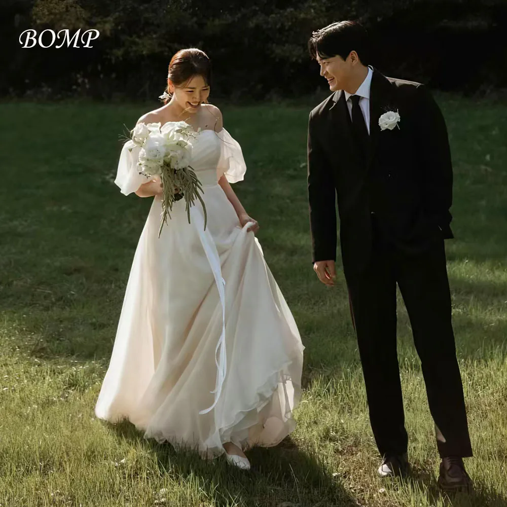 

BOMP Simple Puff Sleeves Wedding Party Dress Off Shoulder Organza Korea Photo Shoot Bridal Reception Gown Customized 웨딩드레스