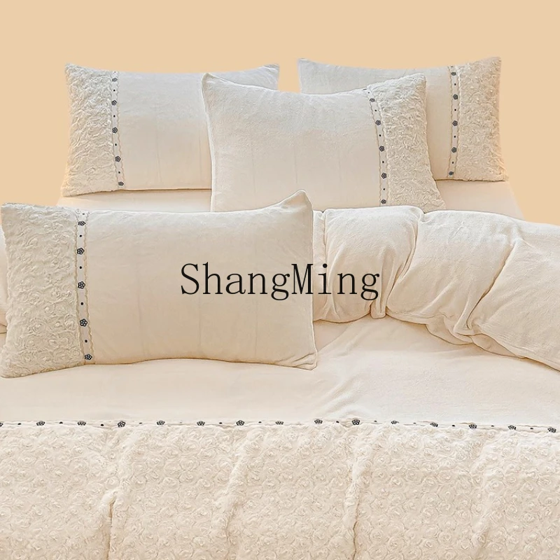 

ZYY thermal rabbit velvet four-piece set rose white simple wind sheet mattress bedding