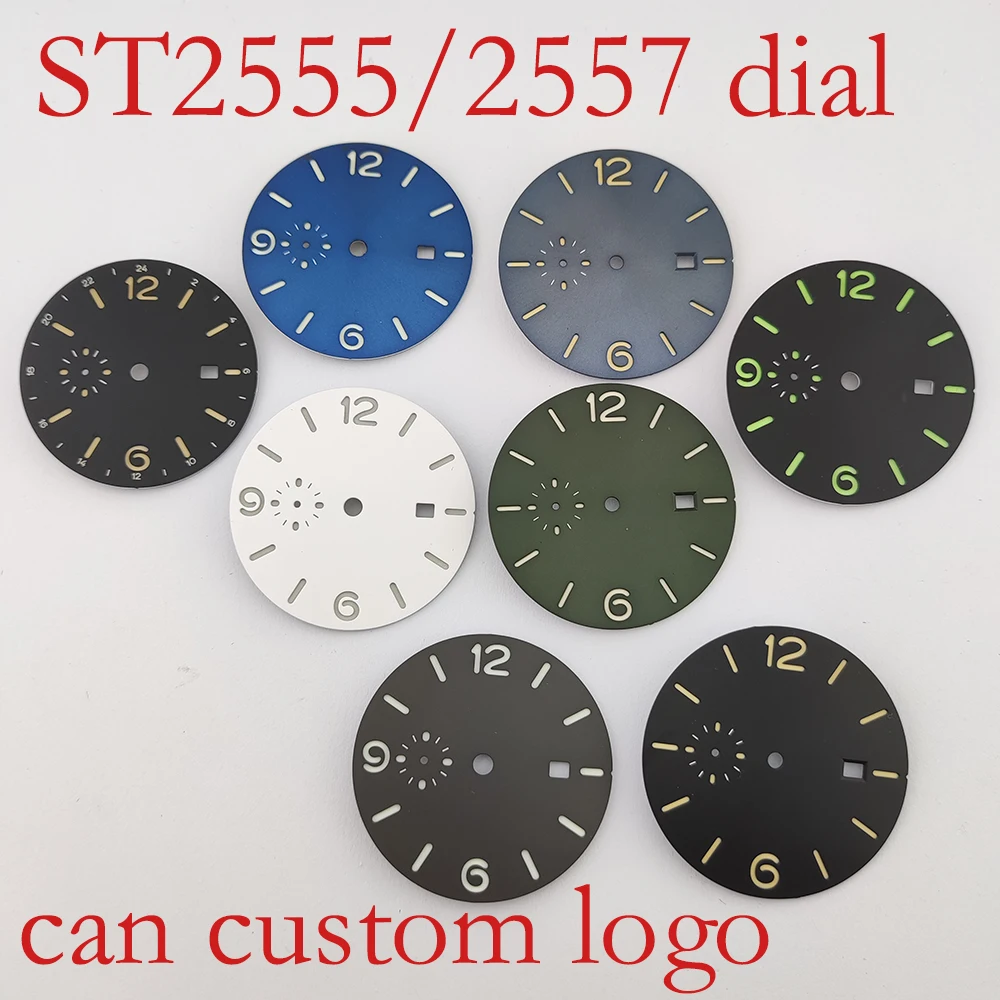 custom 36mm dial green C3 luminous sterile single calendar dial and hands fits for 44mm case ST2557/ST2555movements can DIY logo