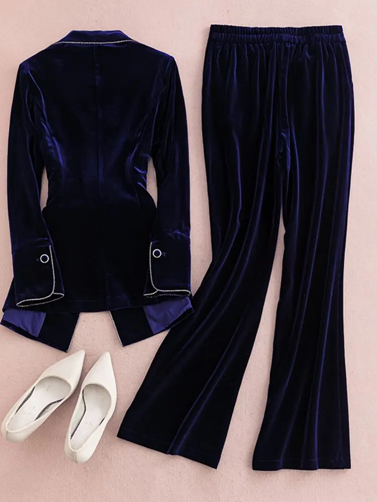 High End Velvet Blazer and Pants Suit Womens 2025 Autumn Chinese Style Retro Large Size Coat Elegant Slim Fit Trousers Set