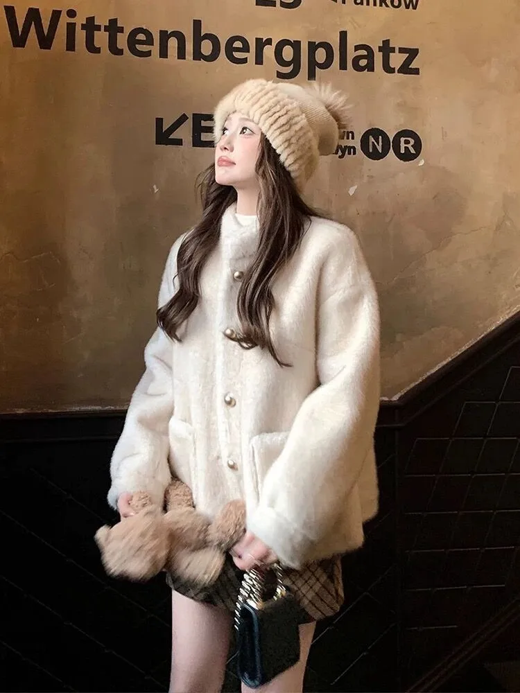 

Кремово-белая куртка из норки, женская зимняя куртка с воротником-стойкой на подкладке из искусственного меха, короткая пушистая теплая верхняя одежда без жестокости