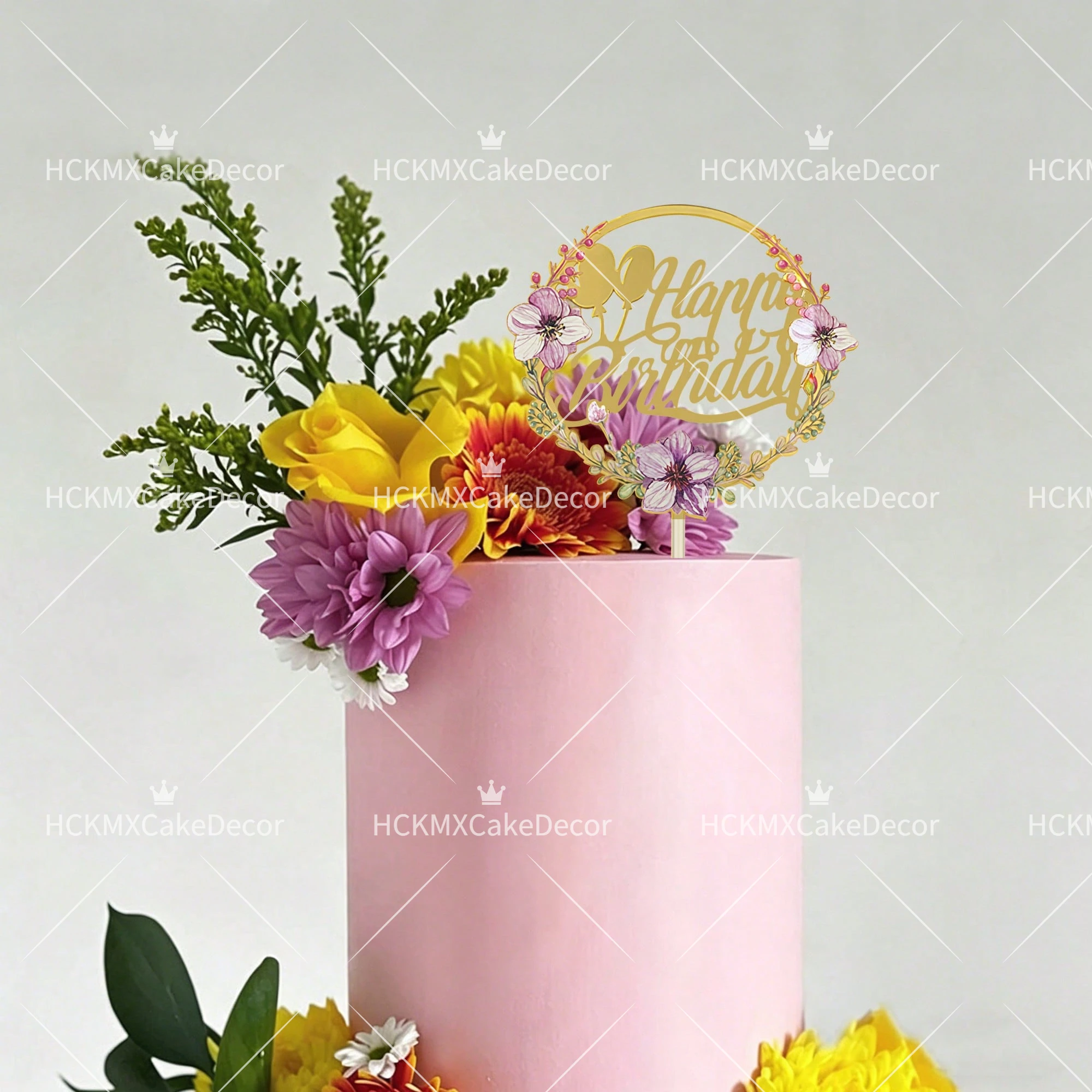 3-teiliger Blumenkranz Happy Birthday Tortendekoration Acryl Gold Spiegel Tortenstecker für Mädchen Frauen Geburtstagsparty Kuchendekoration – Detail 5