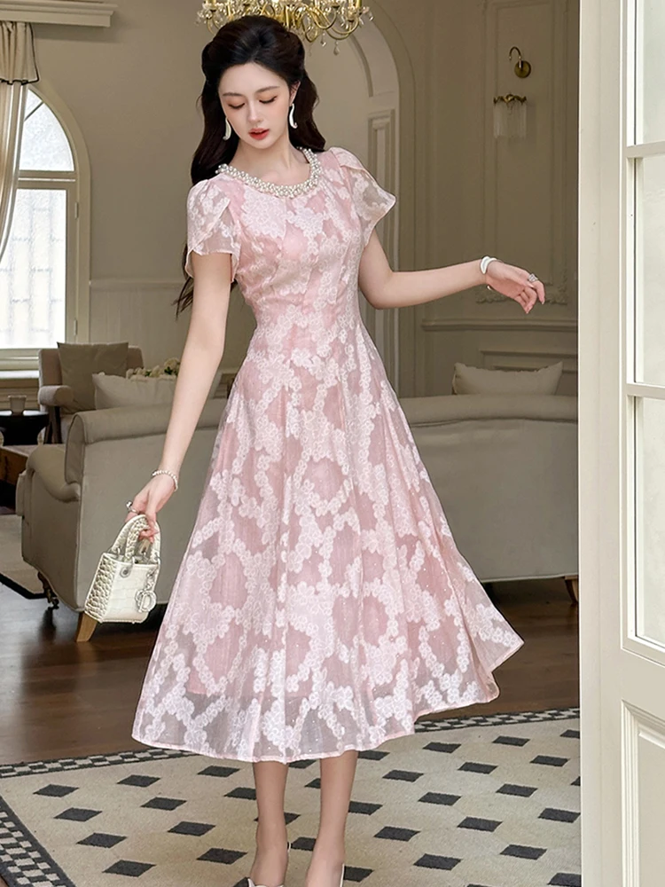 Nuove donne estive abiti rosa perla girocollo volant manica corta maxi abito abito dolce ed elegante abito da sera da ballo per feste da donna