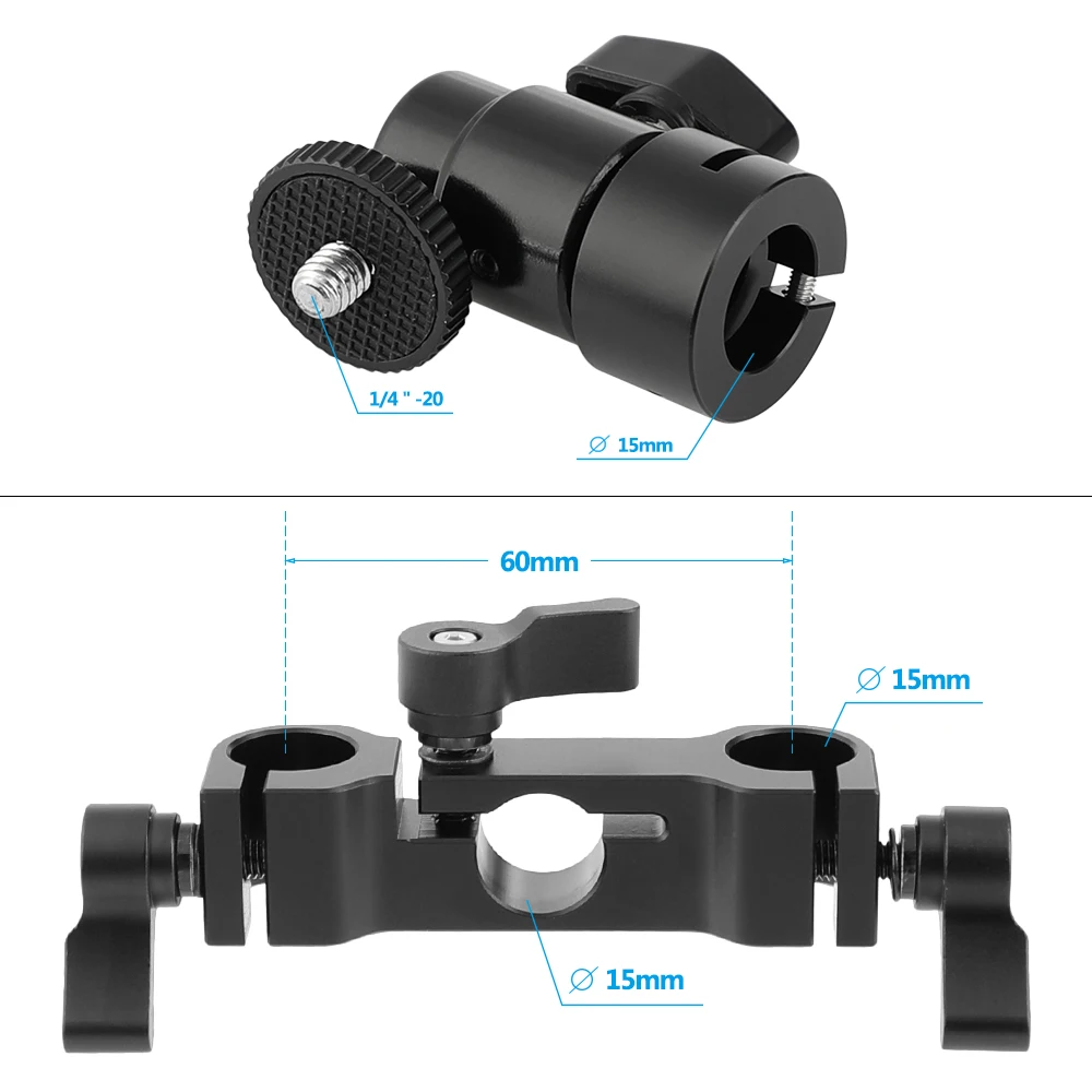 HDRIG regulowany uchwyt podporowy głowica kulowa z 1/4 "z gwintem zewnętrznym mocowaniem + pręt 15mm i blok szynowy DIY do monitora/światła błyskowego/wideo