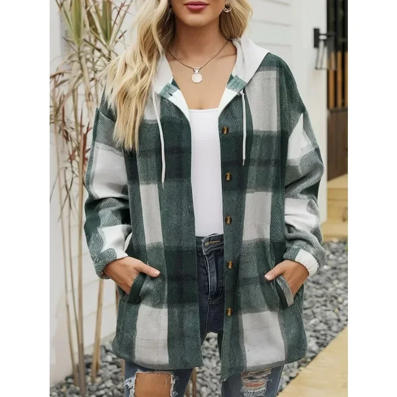 

Plus Size 1XL-5XL New Women's Casual Button Plaid Jacket Women Fashion Plaid Printed Long Sleeved Shirt