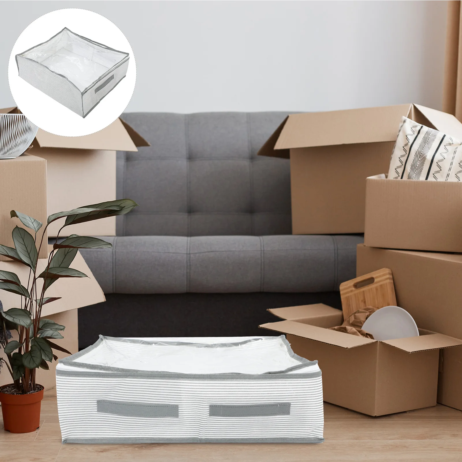 

Transparent Non woven Storage Bag H15 Grey Striped Dust proof ganizer Clothes Quilts Blankets Foldable Bins Containers Closet
