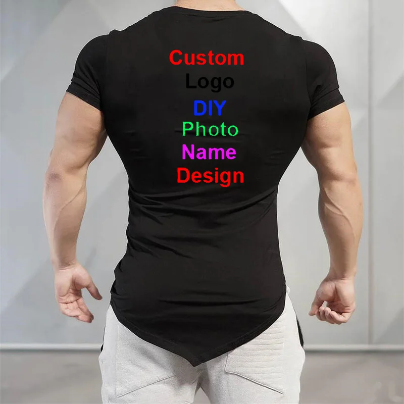 Customized DIY Brand Logo T-Shirt Mens Gym Clothing V-neck Short Sleeve Slim Fit T Shirt Ftiness Men compression Tshirt homme