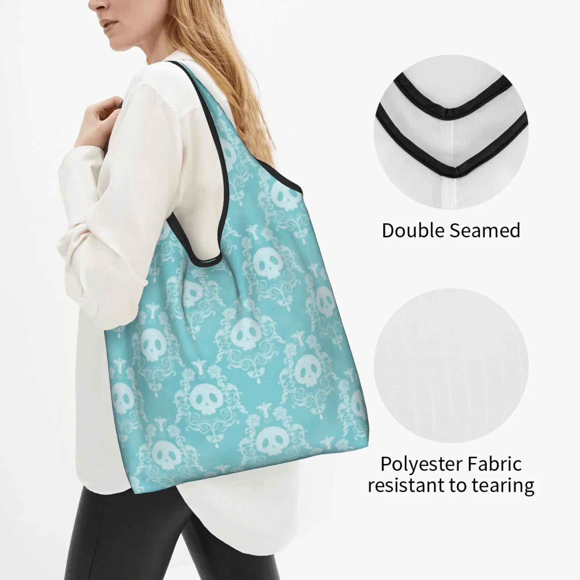 Kawaii Skull Print Shopping Tote Bag Portable Horror Skeleton Death  Groceries Shopper Shoulder Bag
