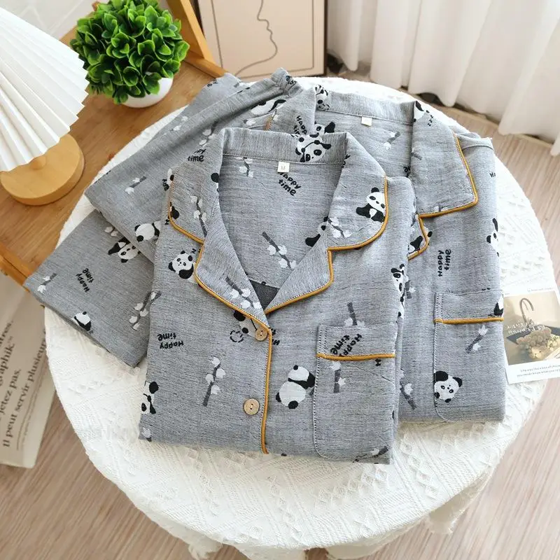 

Cute Cartoon Panda Print Nightwear Men Cotton Pajamas Set Grey Sleepwear Pijama Mujer Loose Home Clothes 2 Piece Suit Loungewear