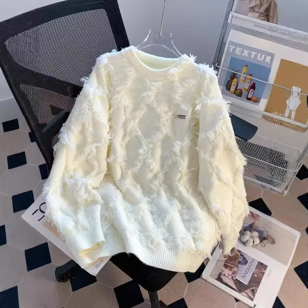 

High End, Super Good-looking Design Tassel White Loose Sweater Pullover for Men 2025 Winter New Style Lazy Style