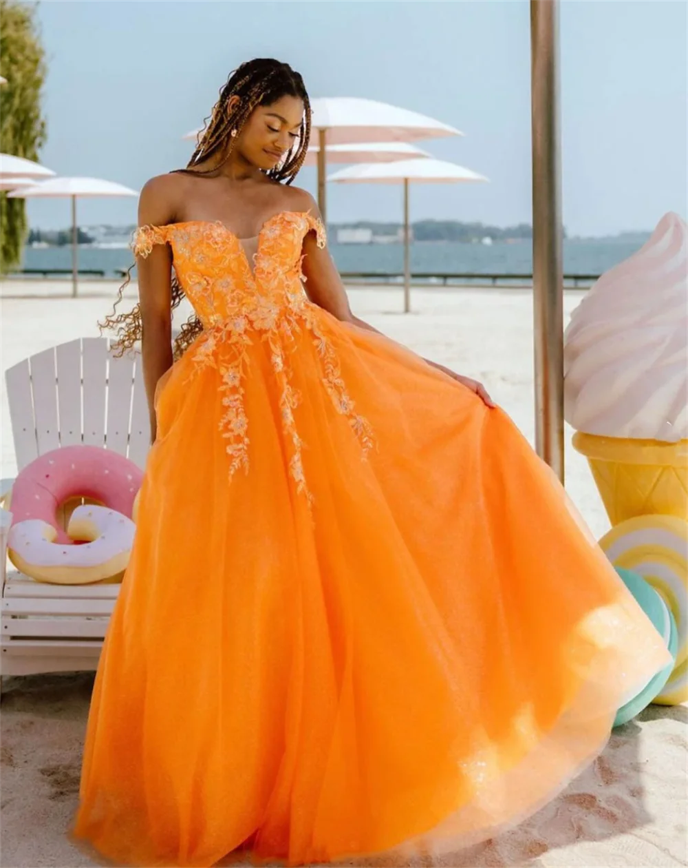 Jessica Off The Shoulders Prom Dresses Orange Tulle Evening Dresses Wedding Dress A-shaped Formal Party Dresses Robes De Soirée