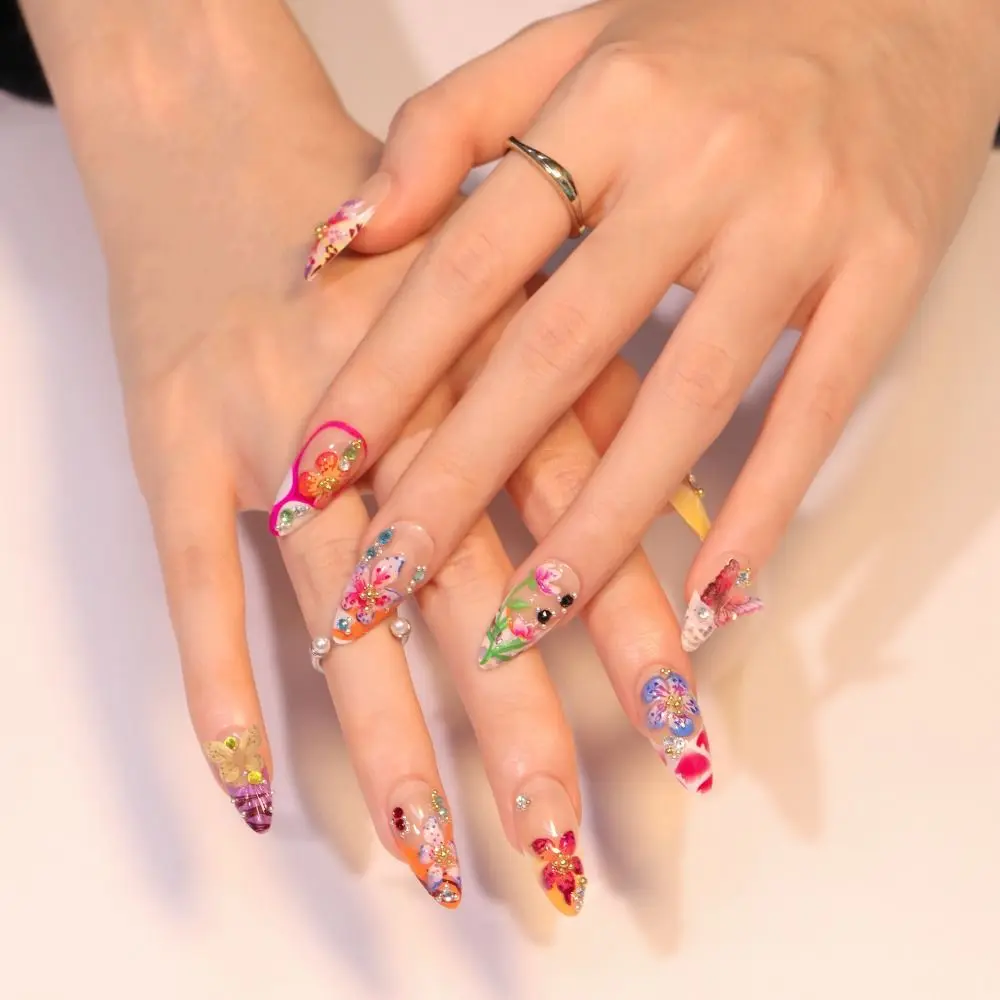 

24Pcs Colorful False Nail Patches Tropical Flowers Creative Printed False Nails Stickers Full Coverage Reusable