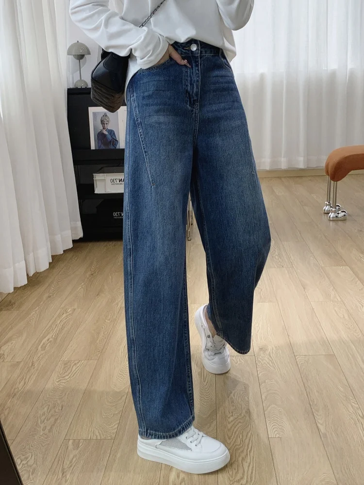 プラスサイズ アメリカンレトロ デニムジーンズ レディース 秋 ペアープレーン ルーズ ハイウエスト スリム ストレート ワイドレッグパンツ カジュアル スタイル