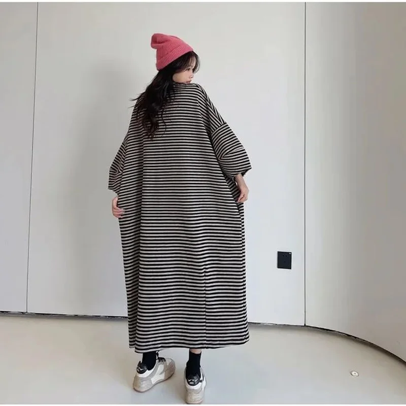 Oversized Women Clothing Casual Korean Striped Striped Midi Dress Autumn Trend Loose Printing Pullover Tshirt Dress Female Dress