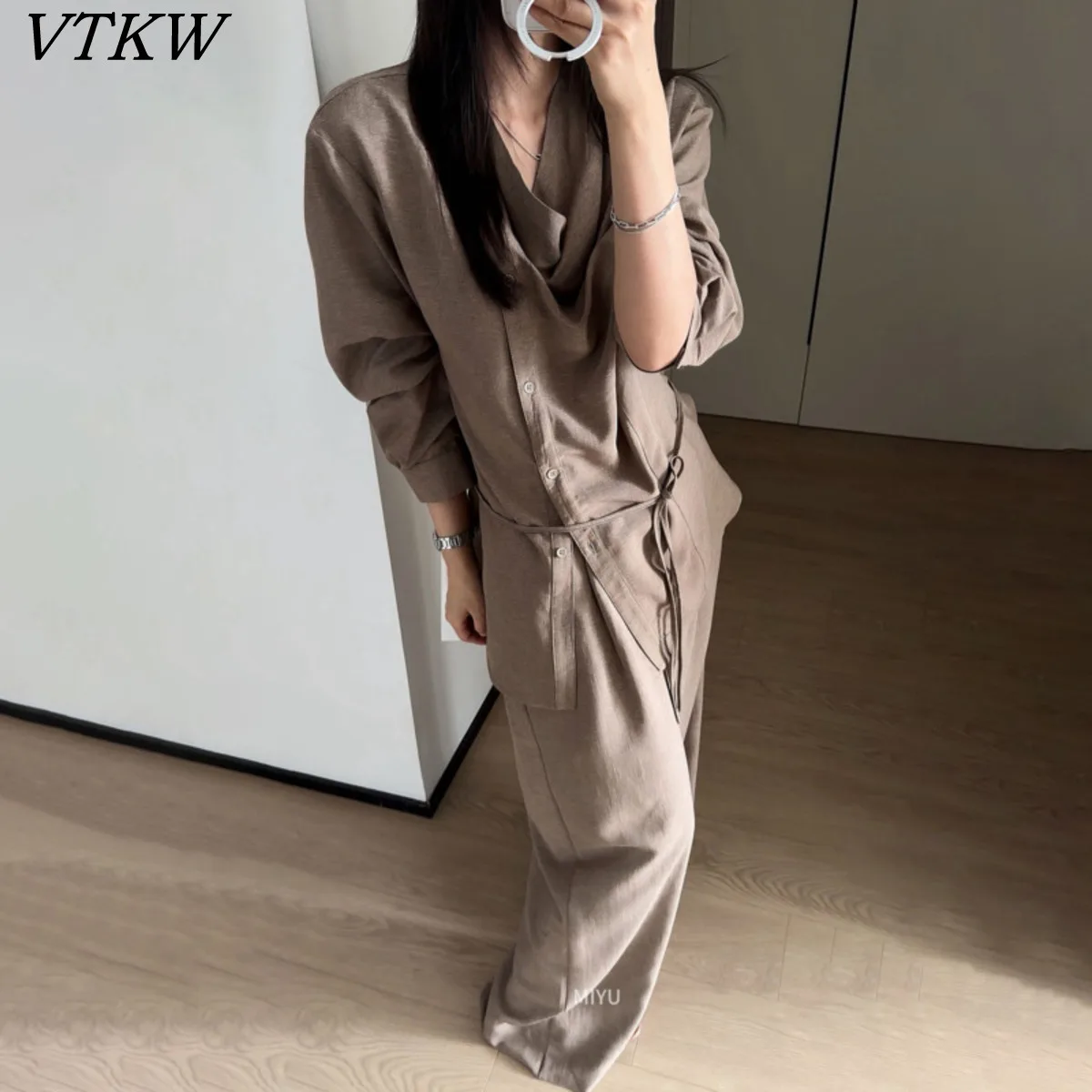

VTKW 2026 New Arrival Women Coffee Two Piece Pants Set Draped V Neck Button Down Blouse Long Sleeve Self Tie Wide Leg Trousers