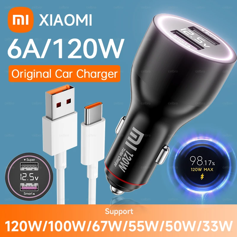 شاحن سيارة Xiaomi Mi 120 وات 67 وات 6A شحن سريع ثنائي المنفذ USB A لشاومي 14 14 Ultra 13 13T 12 Pro Redmi Note A3 POCO Pad 6