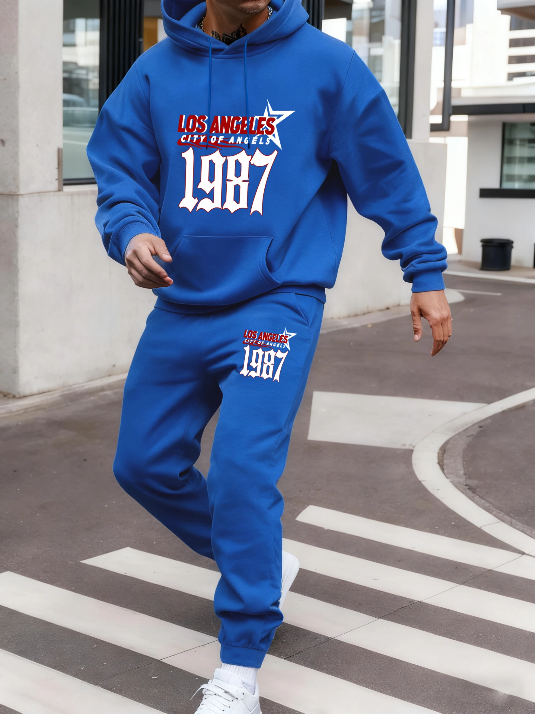 

City Of Angels 1987 Pattern Hoodie Set Men Casual Fleece Top Hip Hop Pocket Clothes Autumn Sports Pants Loose Jogging Pant Suit