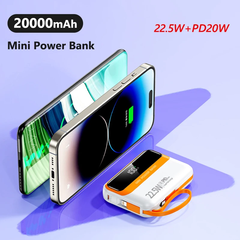 

Power Bank 20000 мАч PD22.5W Быстрая зарядка Встроенные кабели Внешнее зарядное устройство Powerbank для iPhone 16 Samsung Huawei Xiaomi