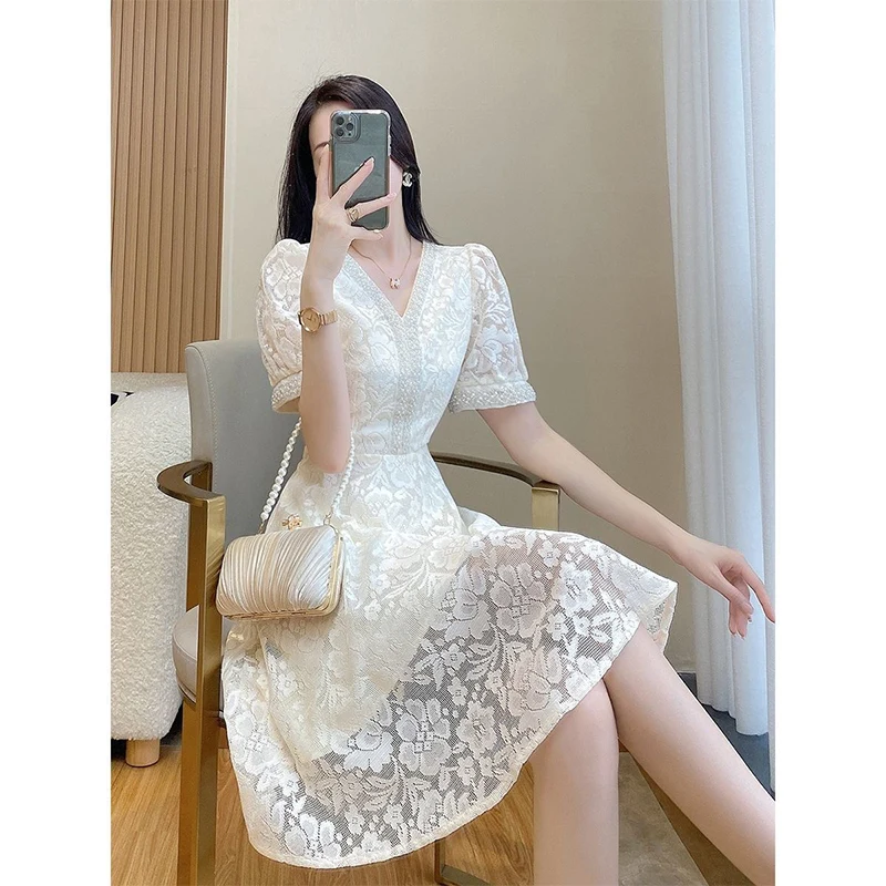 Summer V-neck Elegant Fashion Beading Waist A-line Lace Dress Women Temperament Short Sleeve Vintage Casual Robe White Vestidos