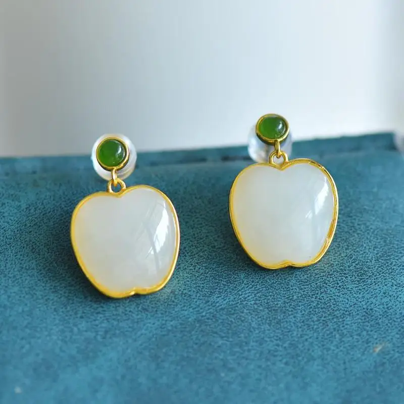 Genuine China Nephrite Stone White Hetian Jade 925 Silver Apple Earrings Women Certified Jewelry Elegant Gift For Girlfriend