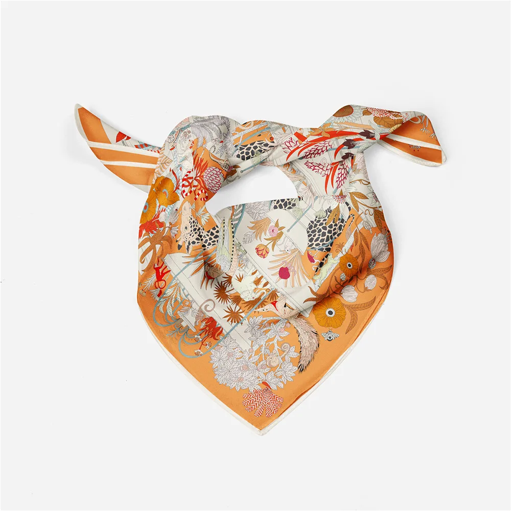 53CM Twill Silk Scarf Woman Treasure Park Print Square Scarves Wraps Bandana Small Hijab Silk Foulards Tie Headband Neckerchief