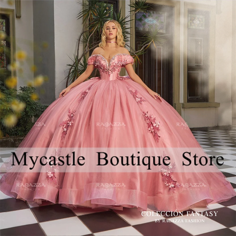 Robe de Quinceanera de luxe avec appliques en dentelle rose, robe de Rh, cristal perlé, Sweet 15, robe de princesse personnalisée, fête de remise des diplômes, 2024