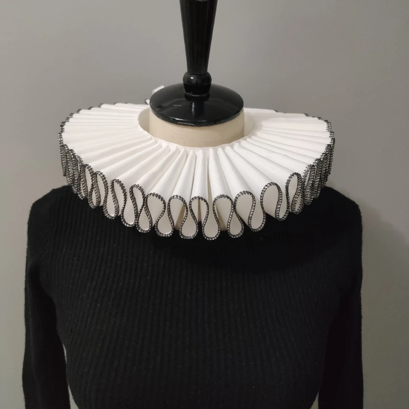 MXMB Ruffled Faux Collar Shawl with Black Edging for Vintage Costume Dressing