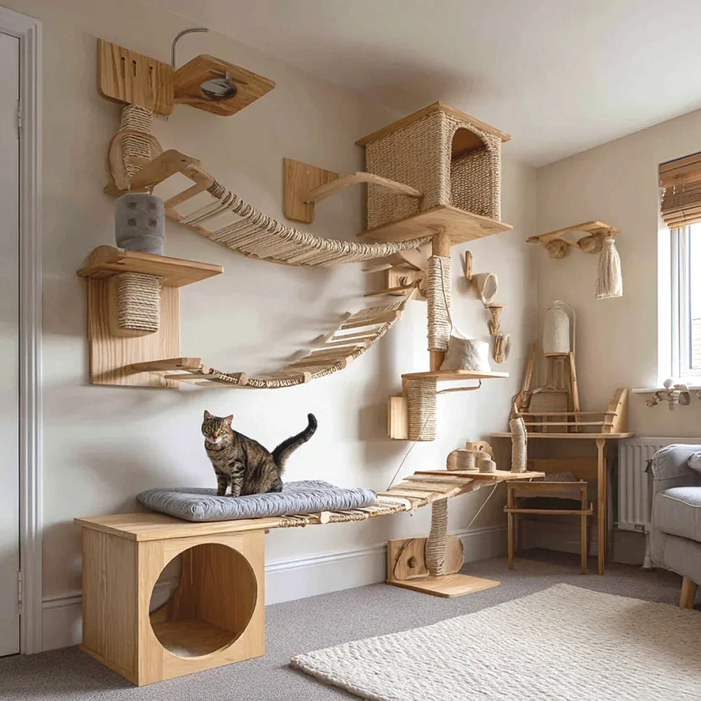 

Wall-Mounted Cat Wall Climbing Shelves Set Wooden Cat Trees Tower Scratcher Jumping Platform Indoor Cats Gym Accessories Toy