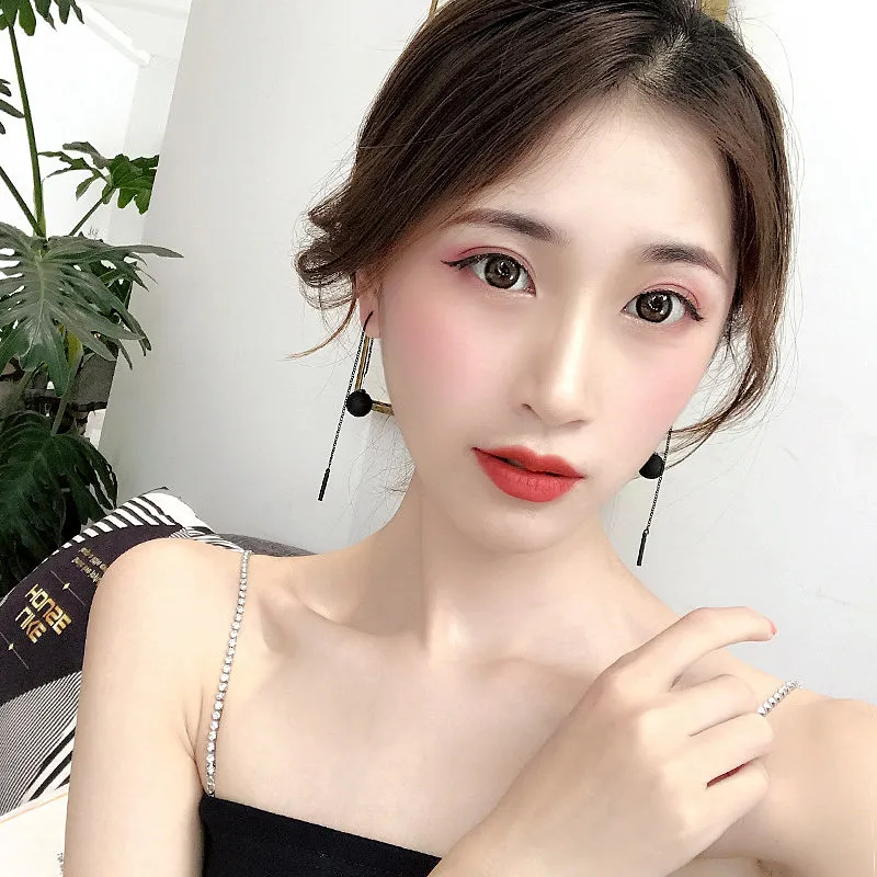 Korean Round Black Ball Long Chain Dangle Earrings for Women Long Tassel Metal Pendientes Earrings Jewelry Gift Fashion Brincos