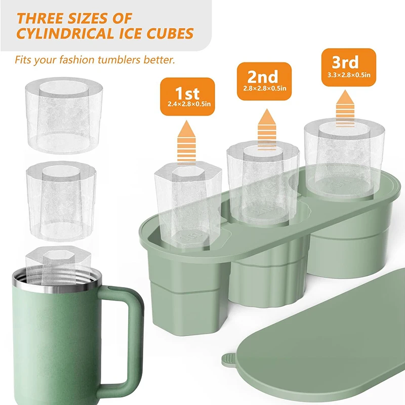 Cylinder Ice Cube Tray For Stanley Cup Tumbler Collapsible Reusable Silicone Ice Molds One-Piece 3-Grid For Drink Juice Coffee