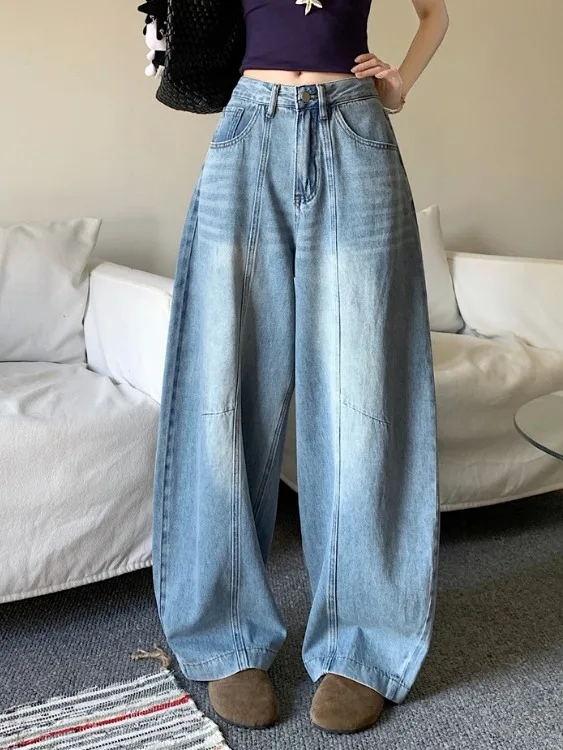 

Retro Blue Knife Jeans Women's Spring Fashion High Waist Slim Loose Straight Leg Wide Leg Pants Casual High Waist Loose ...