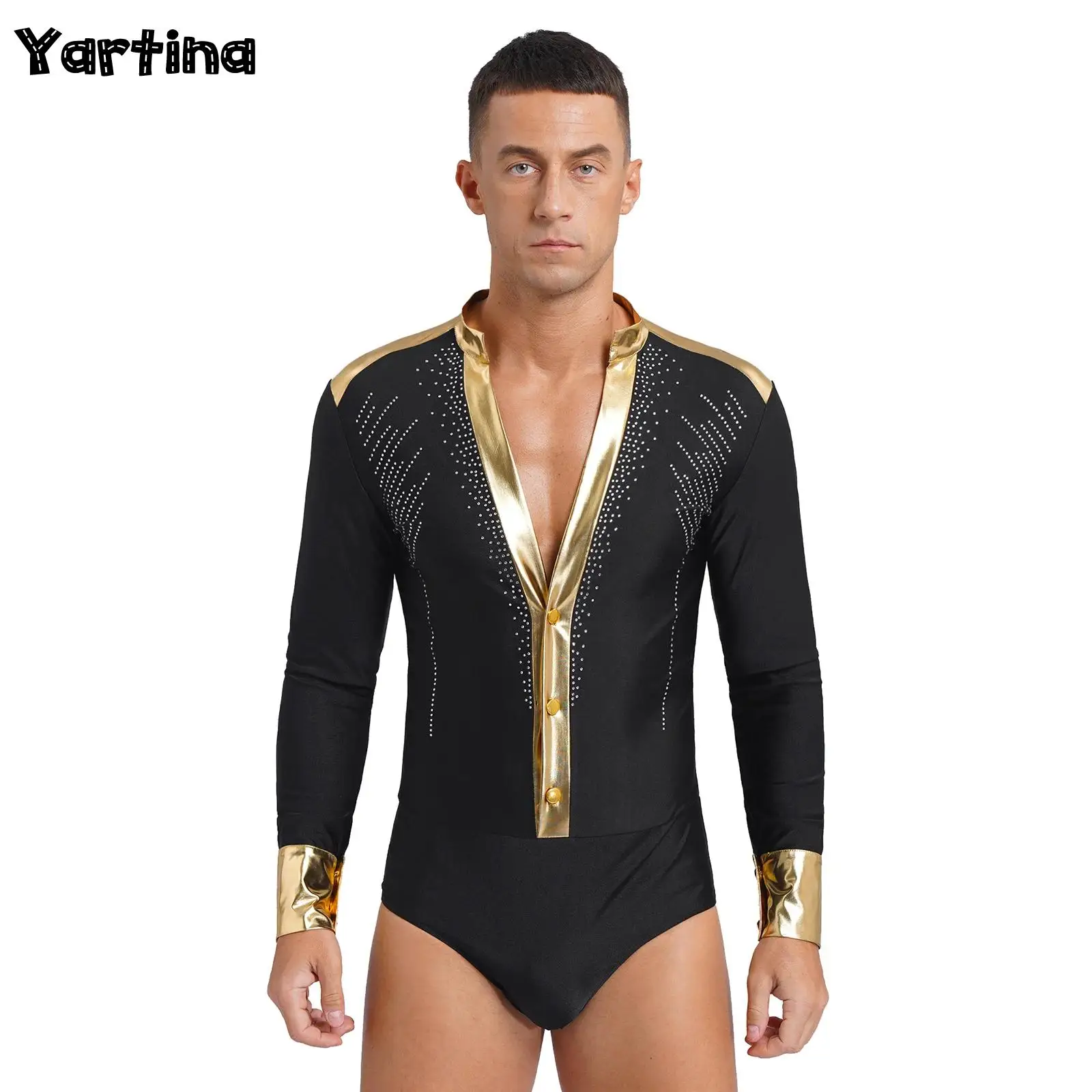 

Mens Metallic Shiny Rhinestones Lain Dance Outfits Samba Ballroom Dance Leotard Jumpsuit Gymnastics Figure Skating Leotard