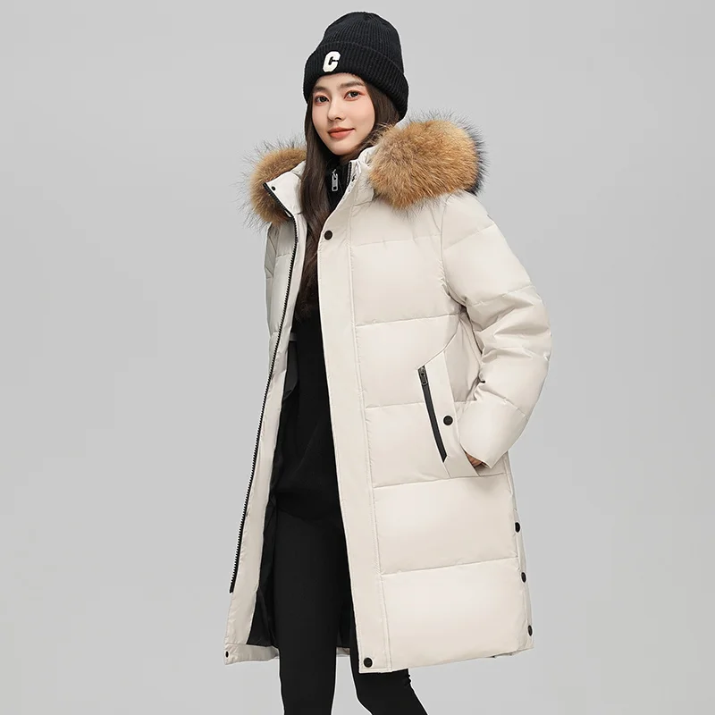 2024 Winter Black Cotton Coat Simple Fashion Fur Collar Down Jacket Outdoor Solid Color Versatile Long Windproof Hooded Jacket