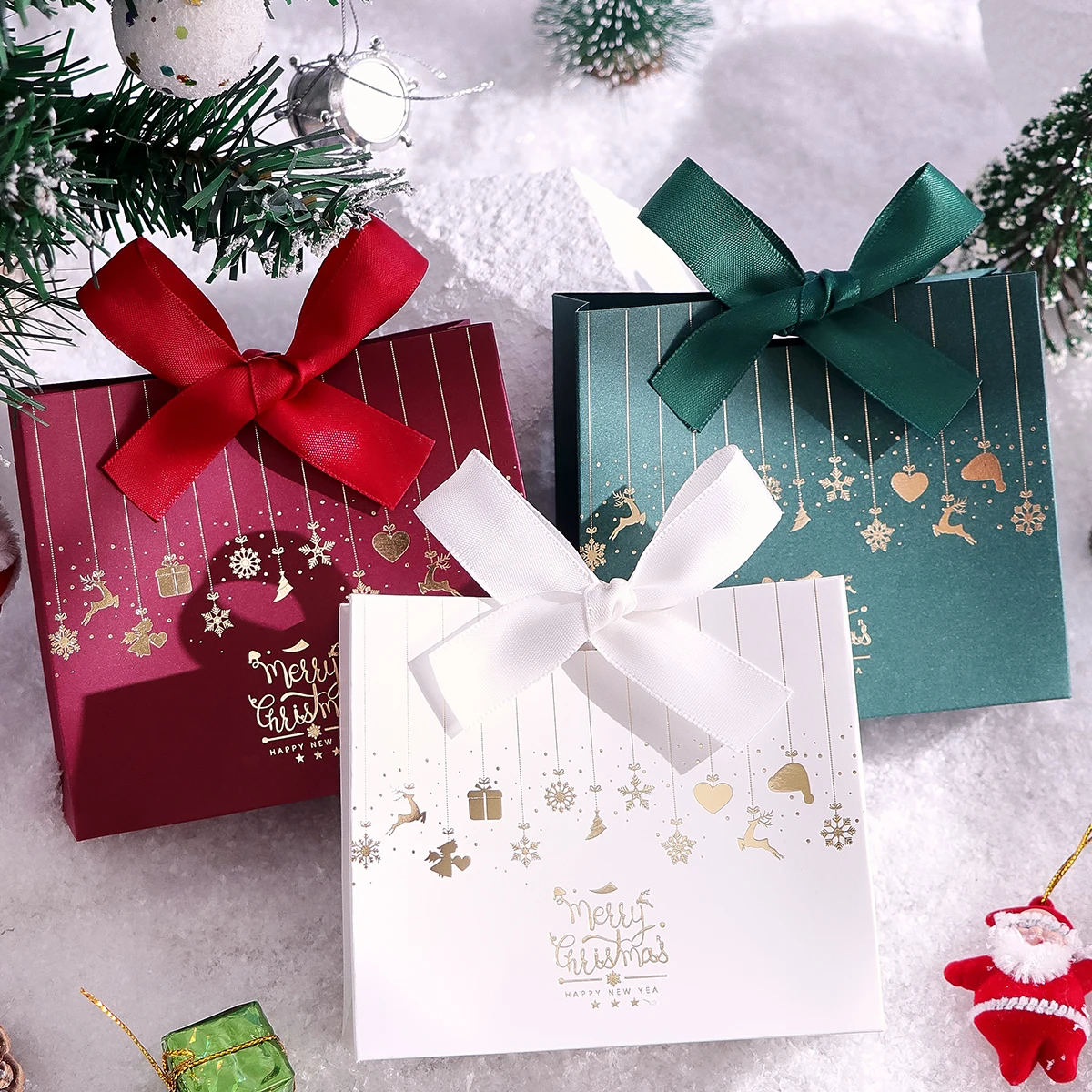 Coffret cadeau de Noël 10 pièces avec nœud, motif traîneau du père Noël et renne, sacs cadeaux de bonbons de vacances, adaptés aux fêtes de vacances