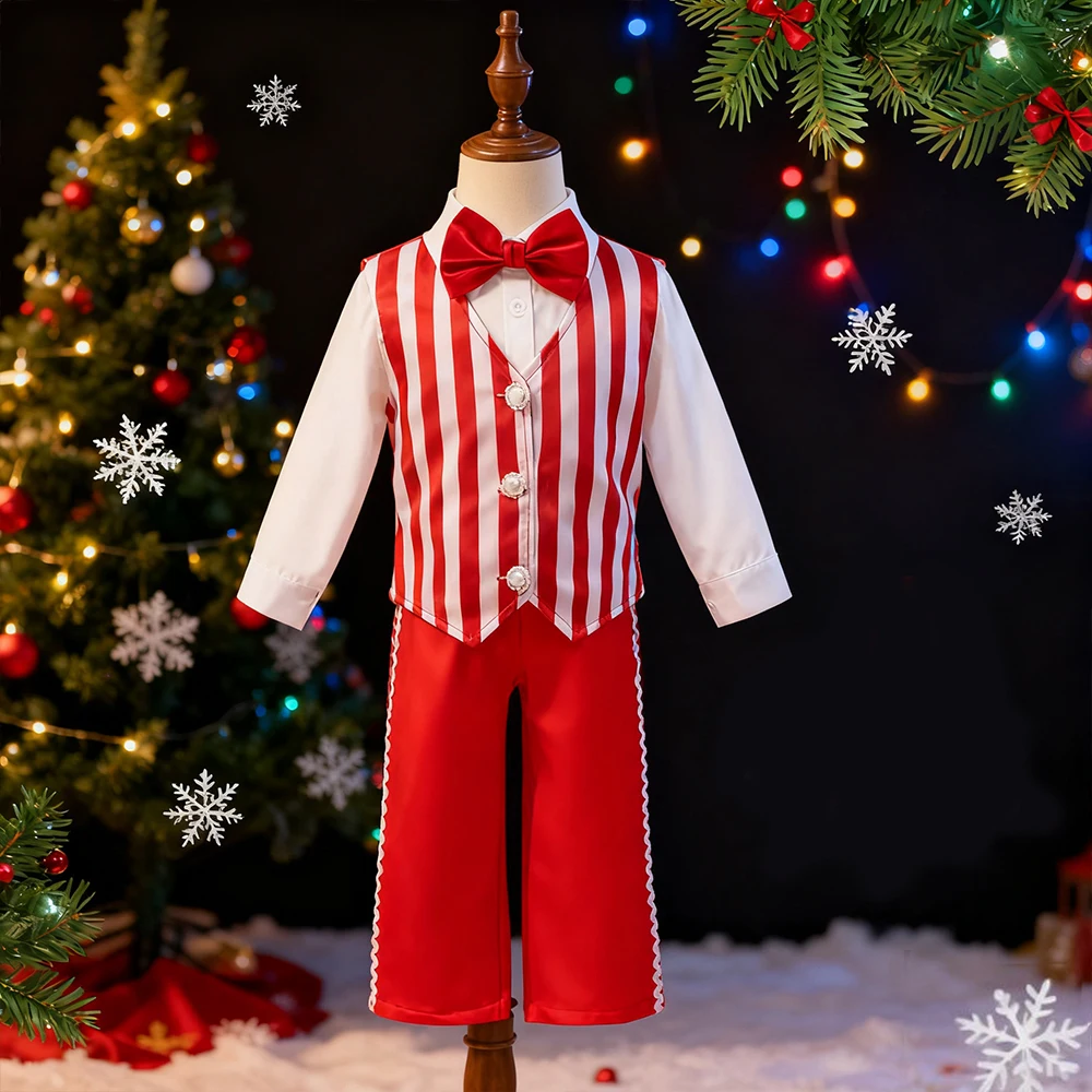 

Christmas Santa Claus Costume Boys Girls Shirt+Pants+Vest 3Pcs Sets For Children Red Striped Xmas New Year Clothing Carnival