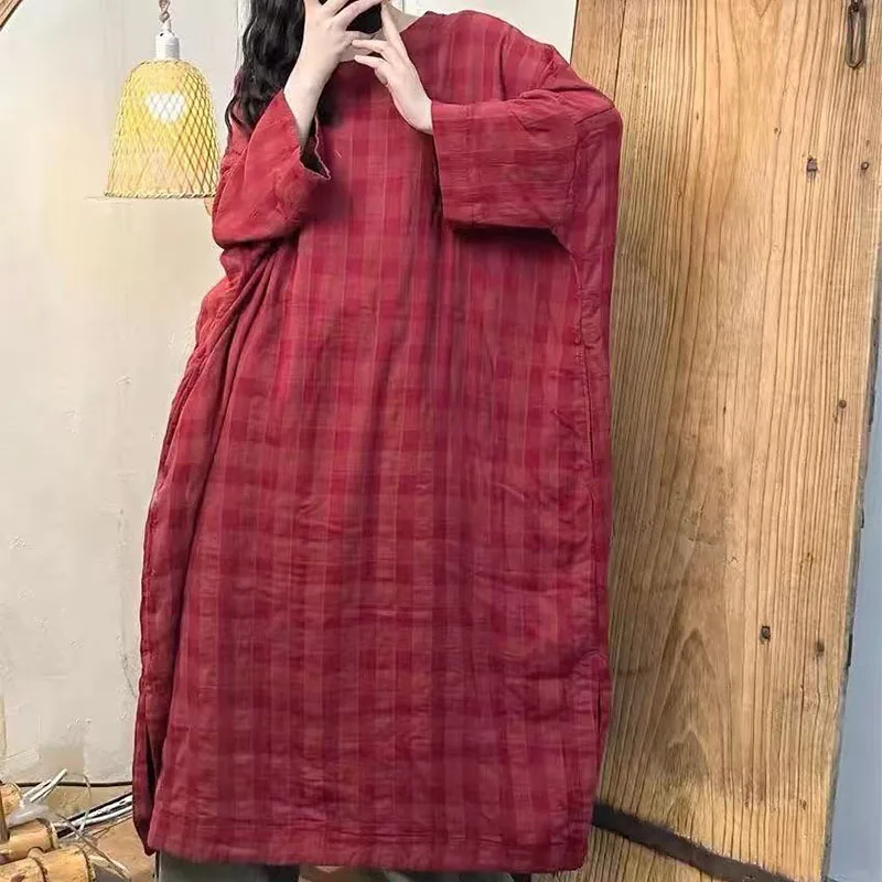 

Onersize Loose Plaid Cotton Maxi Jacket Autumn Winter Vintage Straight Coat Thicken Soft Warm Long Robe Outwears