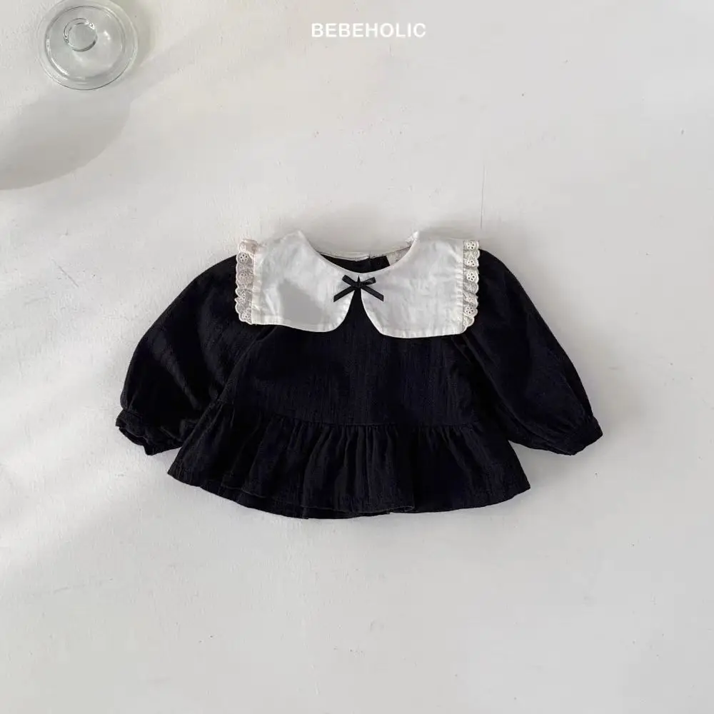 2025 otoño nuevas camisetas de manga larga con solapa para niñas, camisas lisas de encaje con bonito lazo, camisetas holgadas de algodón para bebés, ropa para niños pequeños