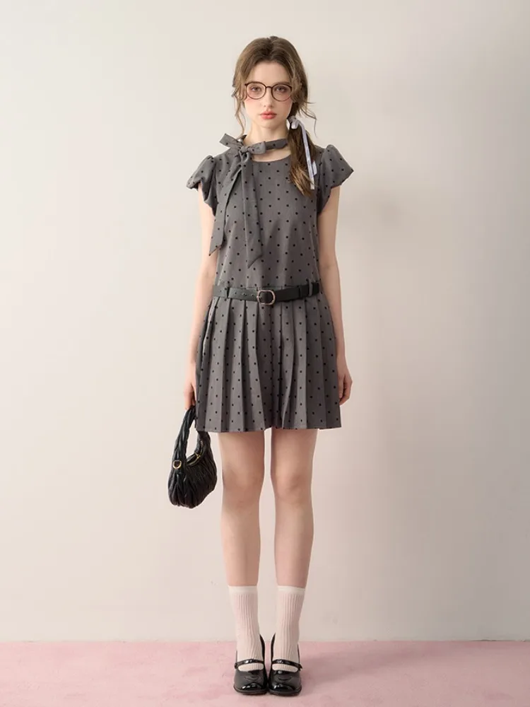 ADAgirl Kawaii Grey Dot Pleat Mini Dress for Women Bow Lace Up Puff Sleeve Birthday Dress Vintage Fashion Cute Girl Summer Dress