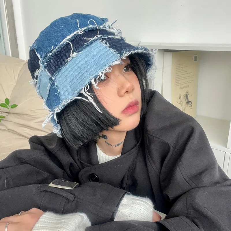 Japanese Retro Design Hat for Men Burr Patchwork Denim Bucket Hats Outdoor Sunshade Plain Face Thin Basin Caps for Women Tide