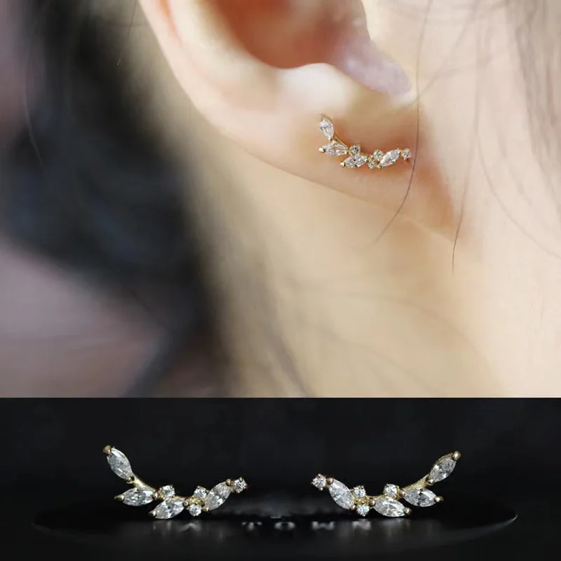 Tibetan Silver Korea Exquisite Curved Shiny Zircon Wheat Stud Earrings for Women Sweet Romantic Wedding Pendiente Plata Jewelry