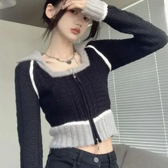 Xiaoxiangfeng Short Sweater Cardigan Women 2024 Autumn Winter New Style Double Zipper Design Long-Sleeved Knitted Top