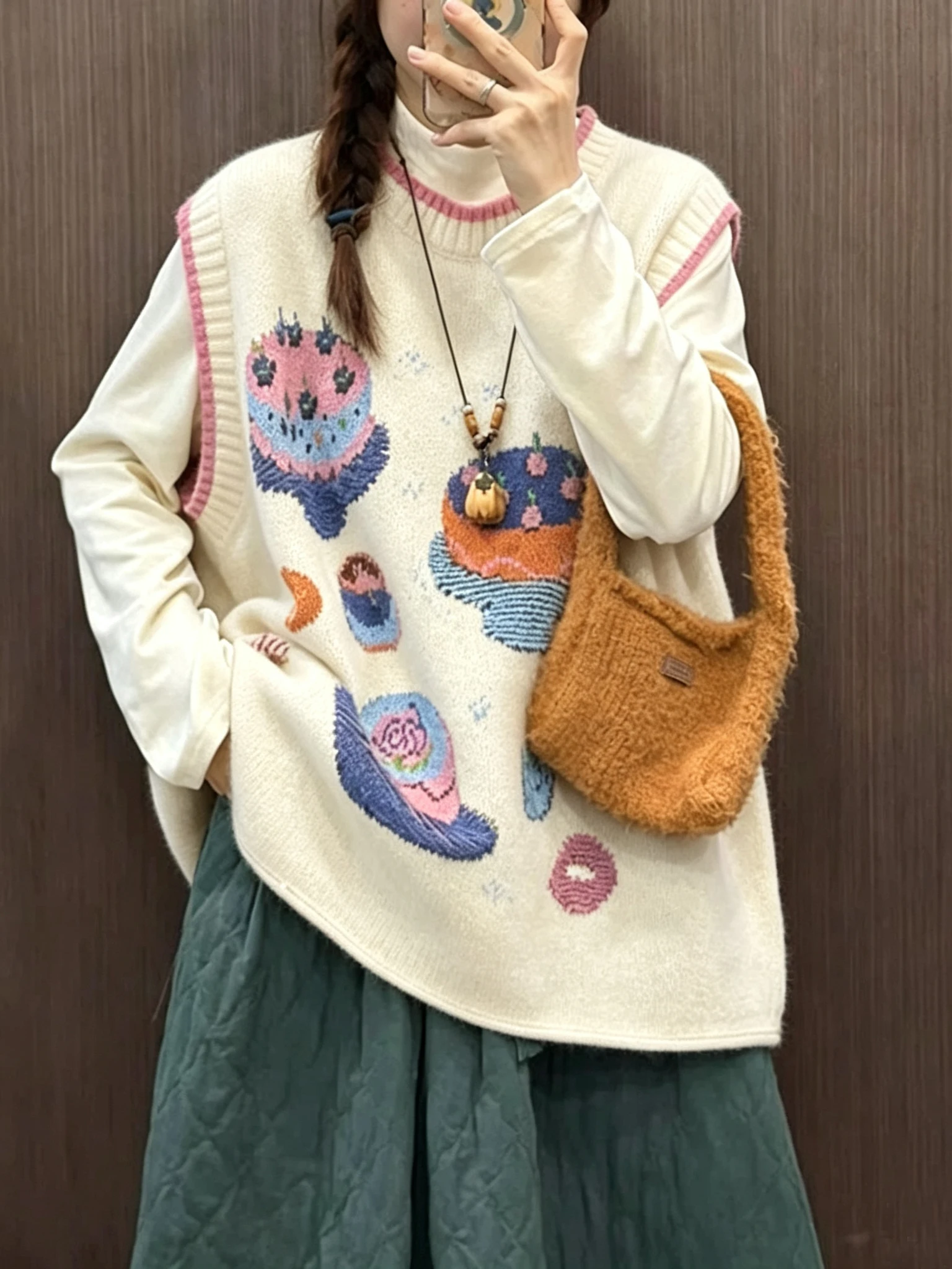Women's Loose Fit Embroidered Knitted Vest Autumn Winter Color Block Outerwear Shoulder Pad Tank Top Korean Style Coolmax Fabric